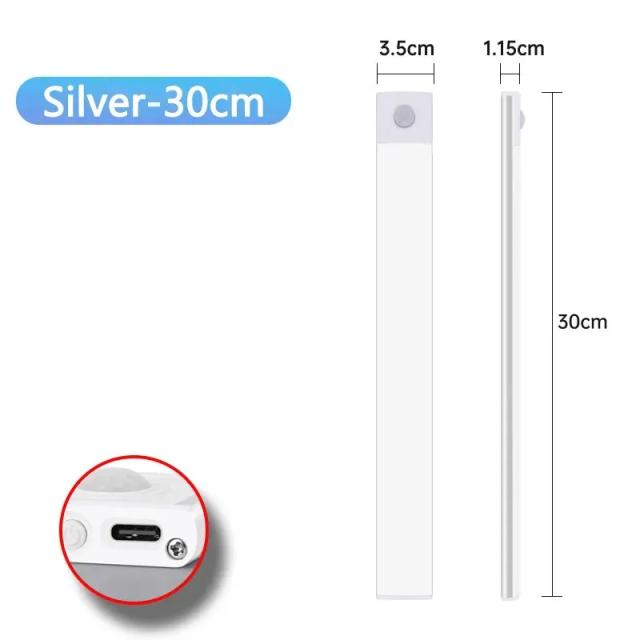 USB tipo C recarregável LED gabinete luz, sensor de movimento, lâmpada para cozinha, iluminação de armário, 20cm, 30cm, 40cm, 50cm, 60cm