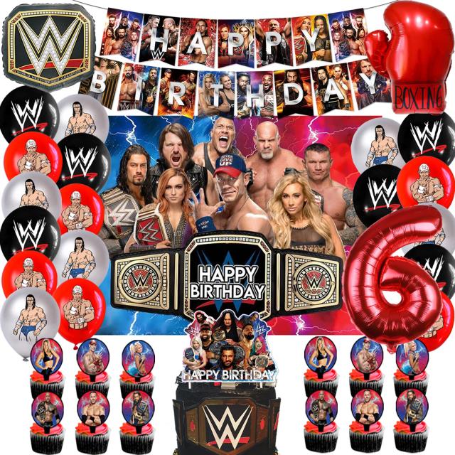 Decoração de Aniversário com Balões de Wrestling, Bandeira Temática, Painel de Festa, Topos de Bolo e Caixas de Alumínio
