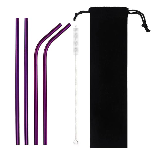 Conjunto de Canudos Reutilizáveis de Aço Inoxidável com Canudo Dourado, Escova de Limpeza e Bolsa Portátil - Ideal para Festas e Cafés