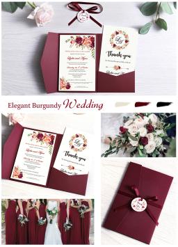 Cartão com Envelope, Convite De Casamento, Bolso Azul Marinho, Festa Borgonha, Fita e Tag, 1Pc - Image 6