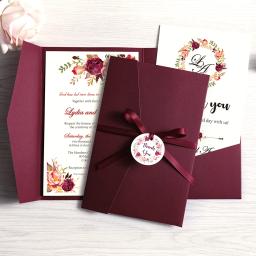 Cartão com Envelope, Convite De Casamento, Bolso Azul Marinho, Festa Borgonha, Fita e Tag, 1Pc - Image 1