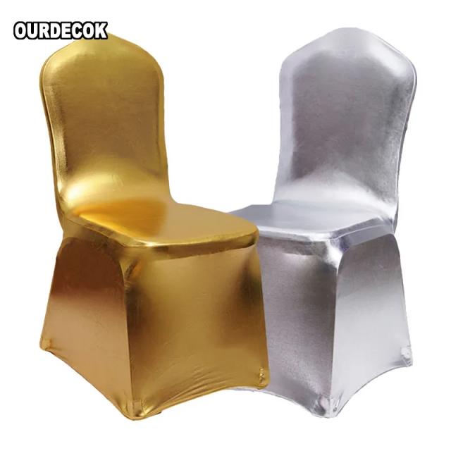 Capa de Cadeira em Elastano Metálico: Bronze e Prata para Decoração de Casamentos e Banquetes