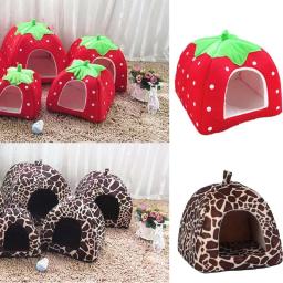 Tenda morango leopardo para animal de estimação, cesta quente e macia para gatos, cachorro, canil, cão de inverno, almofada, cesta, cama de animal, produtos para animais de estimação - Image 3