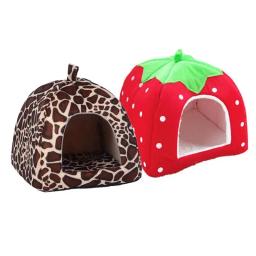 Tenda morango leopardo para animal de estimação, cesta quente e macia para gatos, cachorro, canil, cão de inverno, almofada, cesta, cama de animal, produtos para animais de estimação - Image 2