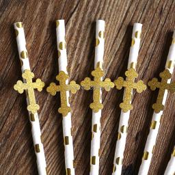 Canudos para festa com glíter em cruz, canudos para bebês e batismo, decoração de festa de aniversário, primeira comunhão, batizado - Image 1
