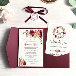 Cartão com Envelope, Convite De Casamento, Bolso Azul Marinho, Festa Borgonha, Fita e Tag, 1Pc - Image 2