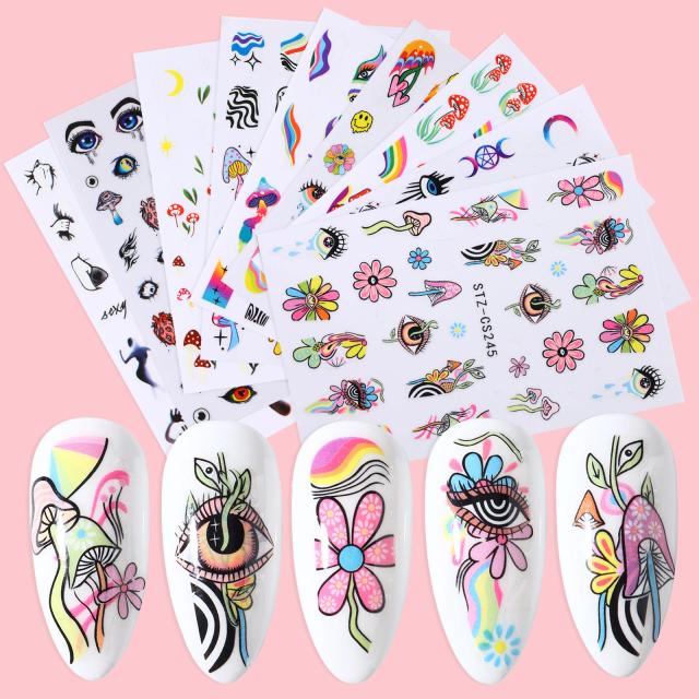 Adesivos 3D para Nail Art com Maus Olhos, Cogumelos, Flores e Arco-Íris - Conjunto Decorativo com 9 Peças