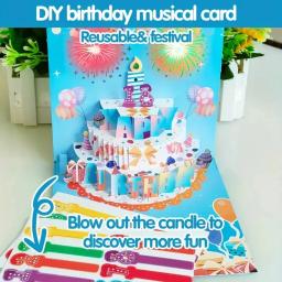 Novo 3d pop up cartão de aniversário soprado com luzes música feliz aniversário cartão de fogos de artifício bolo cartão presente para esposa mãe crianças - Image 6