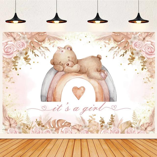 Urso de Pelúcia dos Desenhos Animados para Chá de Bebê: Decoração de Festa com Cenários, Banner e Acessórios Fotográficos para Crianças com Flores e Balões