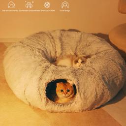 Cama redonda dobrável profunda do túnel do sono para animais de estimação, caverna quente, luxuoso longo, gatos e cães pequenos, inverno - Image 2