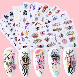 Conjunto de adesivos 3d para nail art, adesivos auto-adesivos com maus olhos, cogumelo, flor, desenhos animados, arco-íris, abstrato, sliders, decoração, 9pcs - Image 1