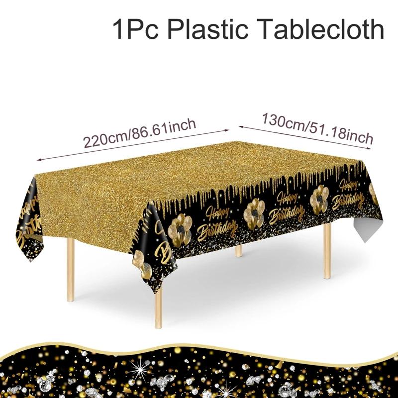 Toalha de mesa descartável preta e dourada com festa temática, reunindo decoração, 18, 21, 30, 40, 50, 60, 70, aniversário, 1pc - Image 1