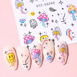 Conjunto de adesivos 3d para nail art, adesivos auto-adesivos com maus olhos, cogumelo, flor, desenhos animados, arco-íris, abstrato, sliders, decoração, 9pcs - Image 4