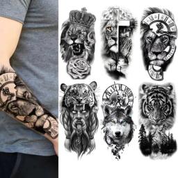 Animal Pattern Tattoo Stickers Set, Transferência de água Adesivos, Meia Imagem Grande Braço, Cabeça De Leão De Tigre, Decalques Corporais Poderosos - Image 2