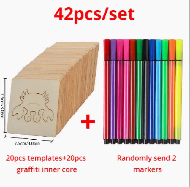 Conjunto de 42 Peças de Madeira DIY para Desenho Infantil com Ferramentas e Modelos Criativos
