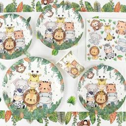 Louça descartável de animal selvagem, Copos de papel e placas, suprimentos para festas Wild One Safari para crianças, decoração de 1 ° aniversário, toalha de mesa para menino - Image 5