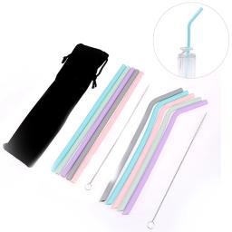 Acessórios da cozinha de silicone reutilizável canudos bebendo dobrável palha flexível com escovas de limpeza suprimentos festa crianças ferramentas barra - Image 1