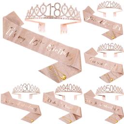 Faixa de cetim com coroa de cristal para meninas, decoração de aniversário, tiara, feliz aniversário, aniversário, fonte de festa, 18, 21, 30, 40, 50, ouro rosa - Image 1