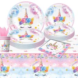 Unicórnio tema aniversário festa decorações, descartáveis talheres set, papel placas, guardanapos, copos - Image 1