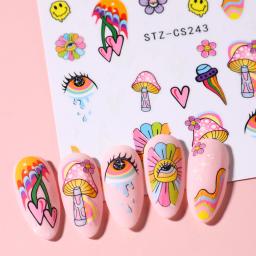 Conjunto de adesivos 3d para nail art, adesivos auto-adesivos com maus olhos, cogumelo, flor, desenhos animados, arco-íris, abstrato, sliders, decoração, 9pcs - Image 2