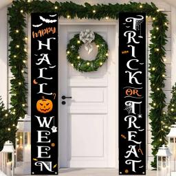 Halloween porta banner com crânio e abóbora design, bandeira da porta, casa feliz, festa, casa, truque, morcego, 2024 - Image 1