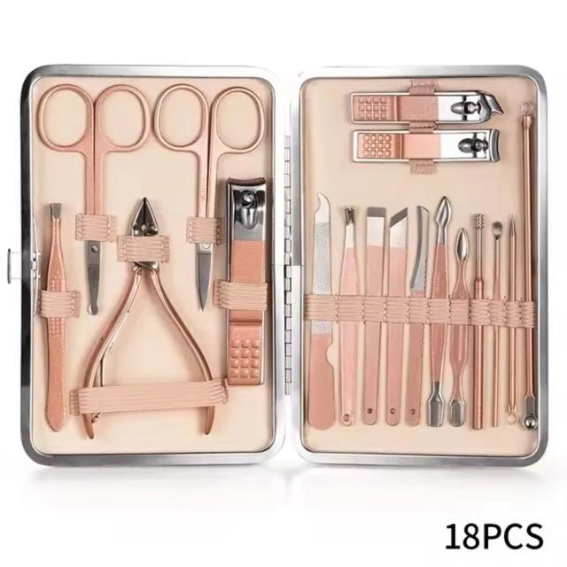 Conjunto Profissional de Manicure e Pedicure 18 em 1 com Cortador de Unhas e Estojo de Couro Luxuoso em Ouro Rosa