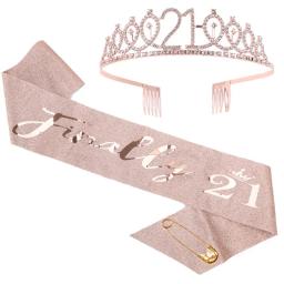 Faixa de cetim com coroa de cristal para meninas, decoração de aniversário, tiara, feliz aniversário, aniversário, fonte de festa, 18, 21, 30, 40, 50, ouro rosa - Image 4