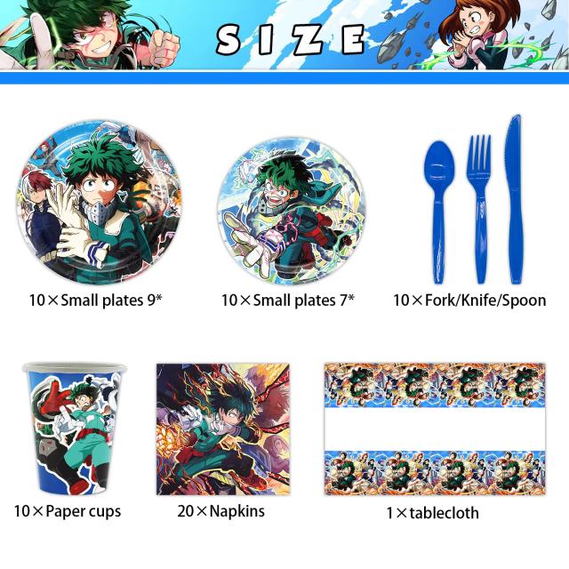 Kit completo de decorações de aniversário My Hero Academia: balões, talheres descartáveis, copos, guardanapos e decoração para festa.
