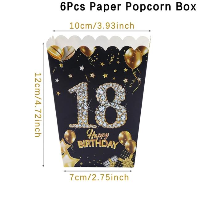 Caixa de Pipocas de Papel Preto e Dourado para Aniversário, Ideal para Adultos em Comemorações de 18 a 60 Anos, Pacote com 6 Peças