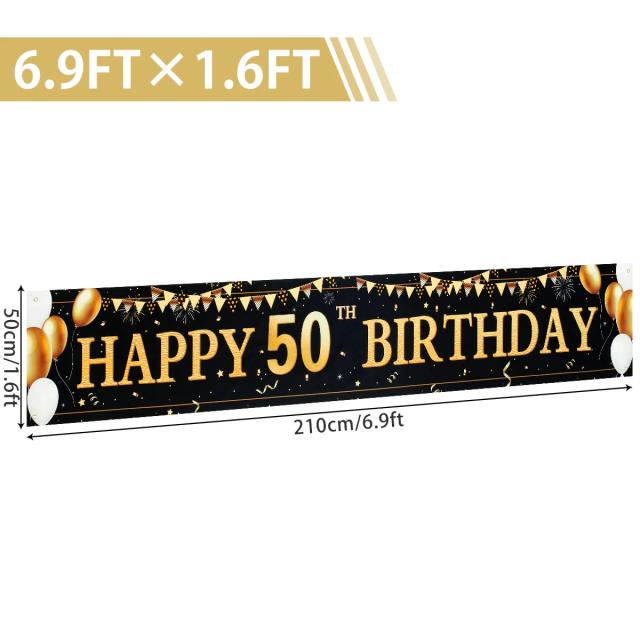 Bandeira de Aniversário Preto e Ouro para Todas as Idades - Grande Tamanho 210x50cm, Decoração Festiva para 30 a 80 Anos