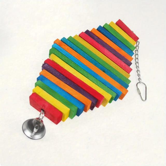 Brinquedo de Madeira Colorido para Pássaros com Boca Mordida e Suporte para Gaiola