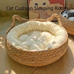 Handmade Vine Woven Cat Nest, Almofada Destacável, Lavável, Puro, Universal, Sazonal, Calor, Pet Shop, Acessórios, 4 Estações, Inverno - Image 1