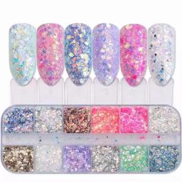 Conjunto de lantejoulas com glitter para arte em unhas, 12 cores, tamanhos mistos, flocos iridescentes para unhas acrílicas, pó de glitter gradiente, decorações de unhas * - Image 6