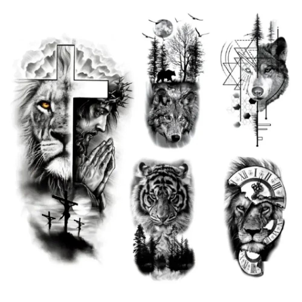 Animal Pattern Tattoo Stickers Set, Transferência de água Adesivos, Meia Imagem Grande Braço, Cabeça De Leão De Tigre, Decalques Corporais Poderosos - Image 1