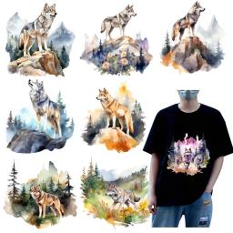 Cenário Natural Transfere Adesivos, Pintura Lobo Selvagem, Patch De Transferência De Calor De Vinil, Estilo De Lavagem De Tinta, Applique De Roupa - Image 1