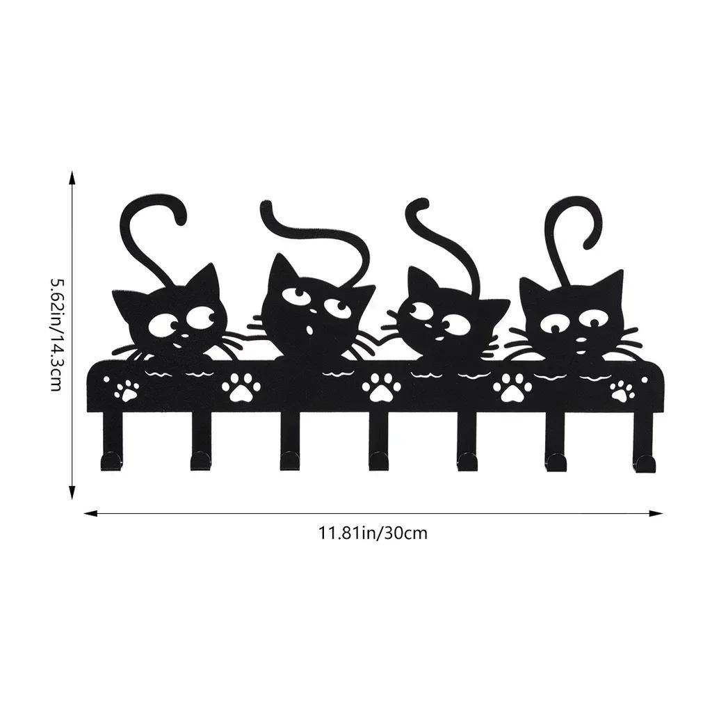 Ganchos de parede de gatos pretos e porta-chaves, Cabide Decorativo Halloween, Gancho de Ferro, 7 ganchos - Image 1