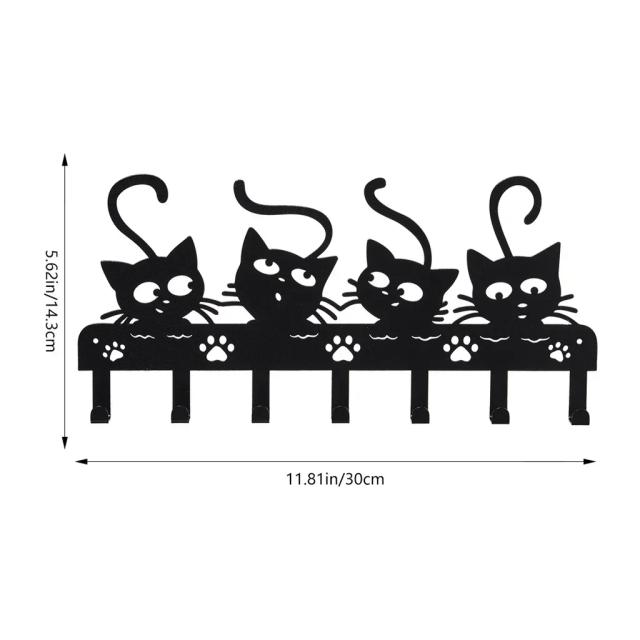 Ganchos de Parede para Gatos Pretos e Porta-Chaves - Cabide Decorativo para Halloween com 7 Ganchos de Ferro