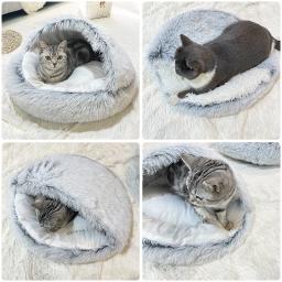 Almofada de pelúcia redonda para animais de estimação, cesta quente, saco de dormir, ninho de gato, canil, casinha, inverno, 2 em 1 - Image 3