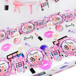 Maquiagem tema aniversário utensílios de mesa descartáveis copos de placa de papel para spa maquiagem menina festa batom lábios vermelhos balão presente dos namorados - Image 6