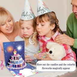 Novo 3d pop up cartão de aniversário soprado com luzes música feliz aniversário cartão de fogos de artifício bolo cartão presente para esposa mãe crianças - Image 1