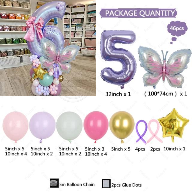Conjunto de Balões Digitais Borboleta Roxa e Macarons para Decoração de Aniversário e Chá de Bebê - 46 Peças