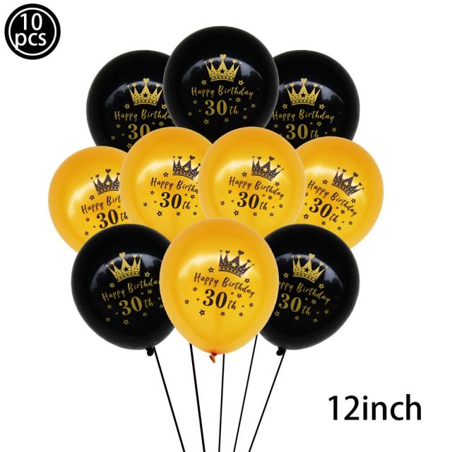 Conjunto de Balões de Látex Preto e Ouro para Aniversários - 10 Unidades de 12 Polegadas para Celebrar dos 18 aos 60 Anos