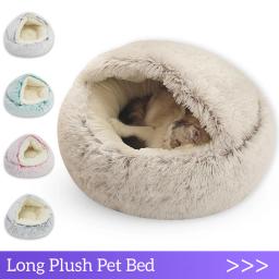 Almofada de pelúcia redonda para animais de estimação, cesta quente, saco de dormir, ninho de gato, canil, casinha, inverno, 2 em 1 - Image 1