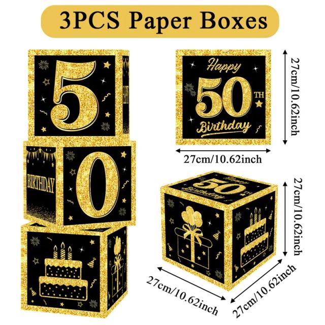 Caixas Elegantes de Cartas de Aniversário Douradas e Pretas para Adultos - Presente Ideal para Comemorações de 30 a 50 Anos