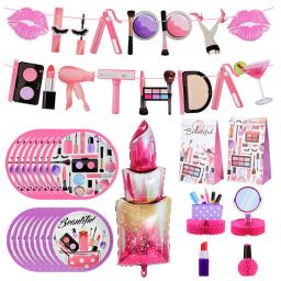 Maquiagem tema aniversário utensílios de mesa descartáveis copos de placa de papel para spa maquiagem menina festa batom lábios vermelhos balão presente dos namorados - Image 1