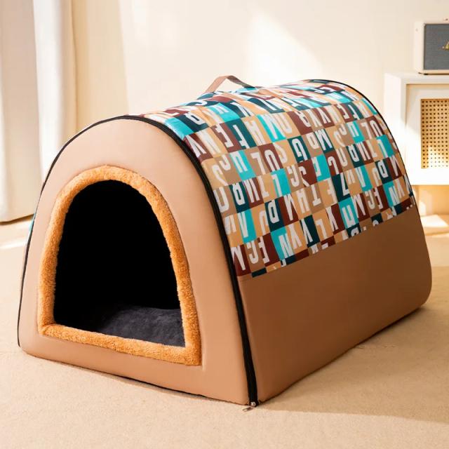 Cama portátil e lavável para cães grandes e médios, ideal para viagens, com design clássico e parte removível para aquecer e confortar seu pet.
