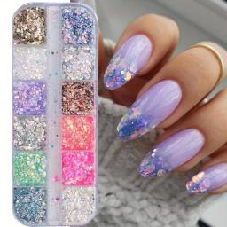 Conjunto de lantejoulas com glitter para arte em unhas, 12 cores, tamanhos mistos, flocos iridescentes para unhas acrílicas, pó de glitter gradiente, decorações de unhas * - Image 3
