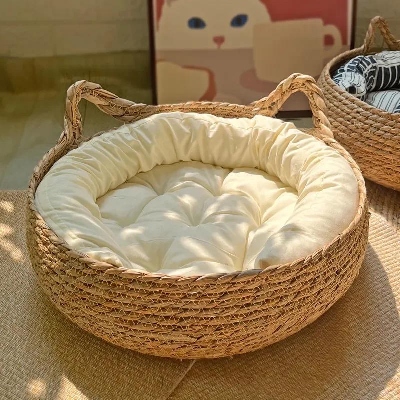 Handmade Vine Woven Cat Nest, Almofada Destacável, Lavável, Puro, Universal, Sazonal, Calor, Pet Shop, Acessórios, 4 Estações, Inverno - Image 1