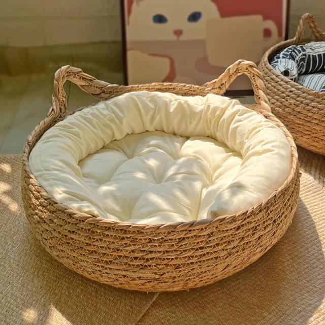 Cama de Gato Artesanal em Vinha Tecida, Almofada Removível e Lavável para Todas as Estações