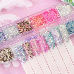 Conjunto de lantejoulas com glitter para arte em unhas, 12 cores, tamanhos mistos, flocos iridescentes para unhas acrílicas, pó de glitter gradiente, decorações de unhas * - Image 5